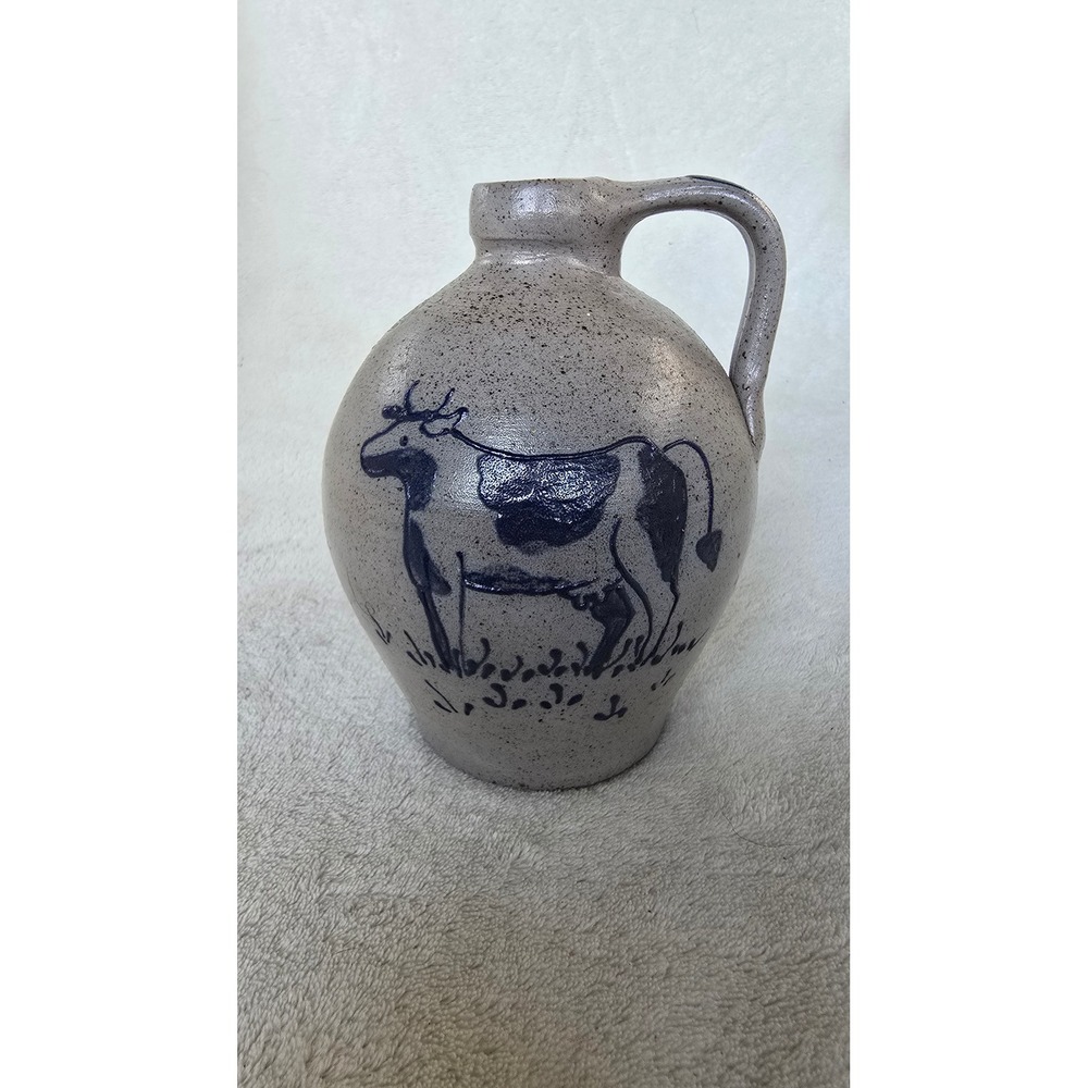 Rockdale Union Stoneware 1989 Cow Cobalt Blue Salt Glaze Jug Cambridge Wisconsin